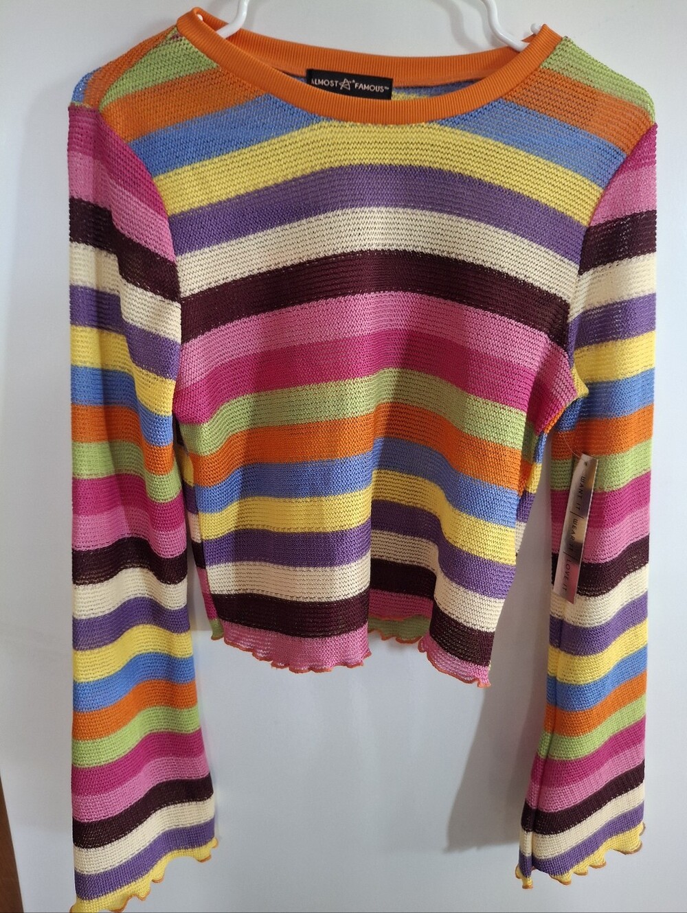 Almost Famous Multicolor Striped Knit Long-Sleeve Top - Pink/Orange/Yellow